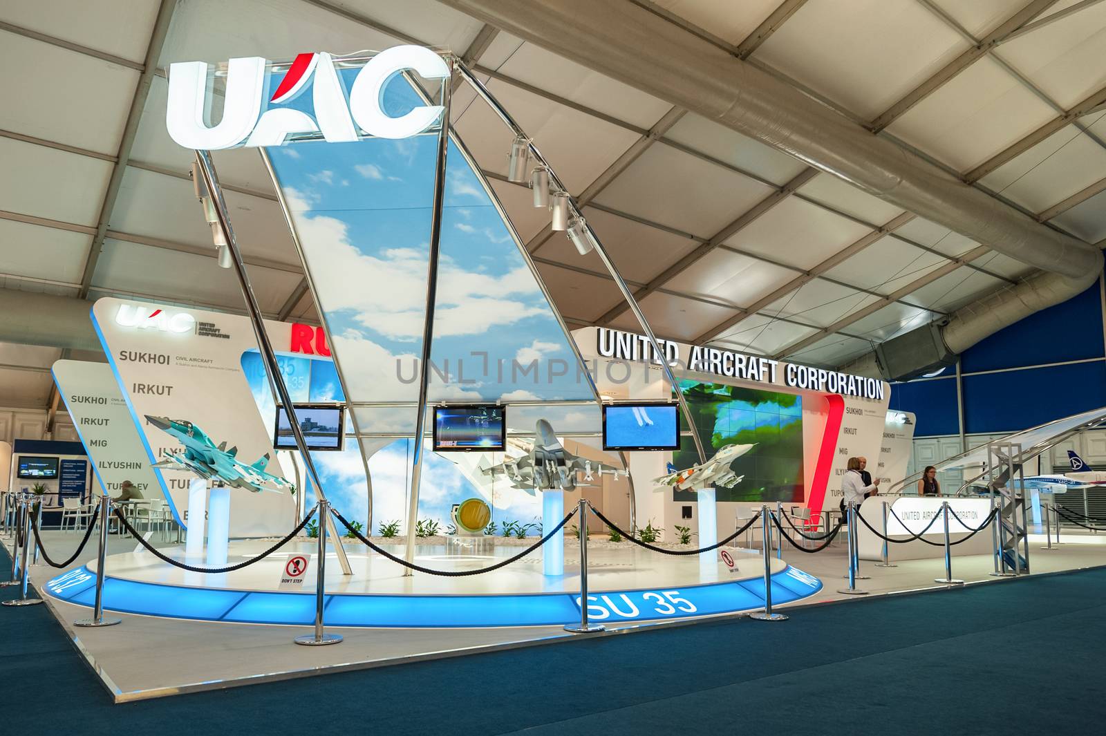 Farnborough, UK - July 12, 2012: The United Aircraft Corporation (UAC) exhibition stand representing the Russian aviation industry at Farnborough International Airshow, UK