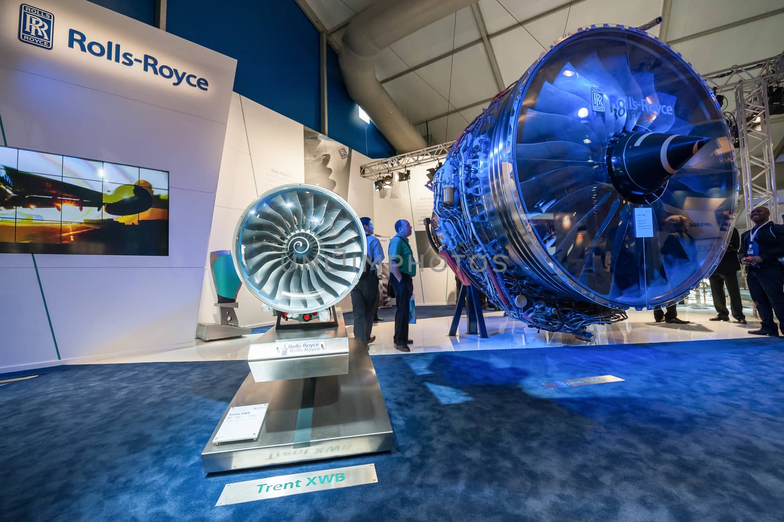 An exhibition by Rolls-Royce jet engines at the Farnborough Airshow, UK on July 12, 2012