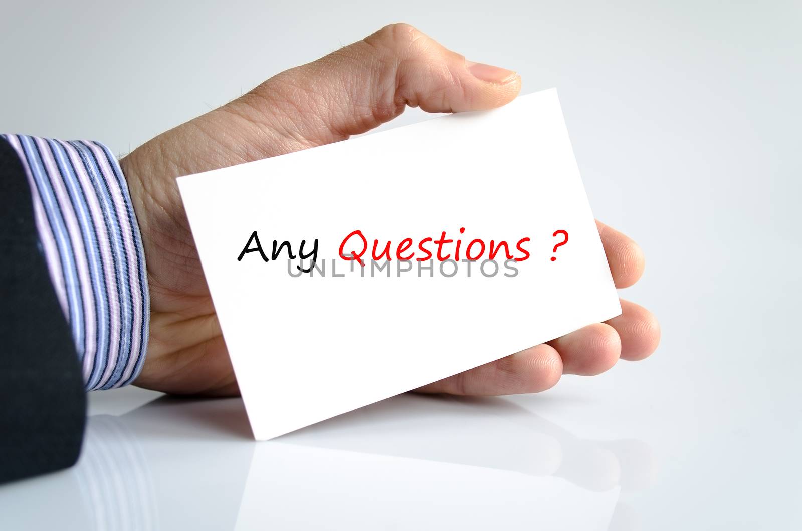 Bussines man hand with text Any Questions