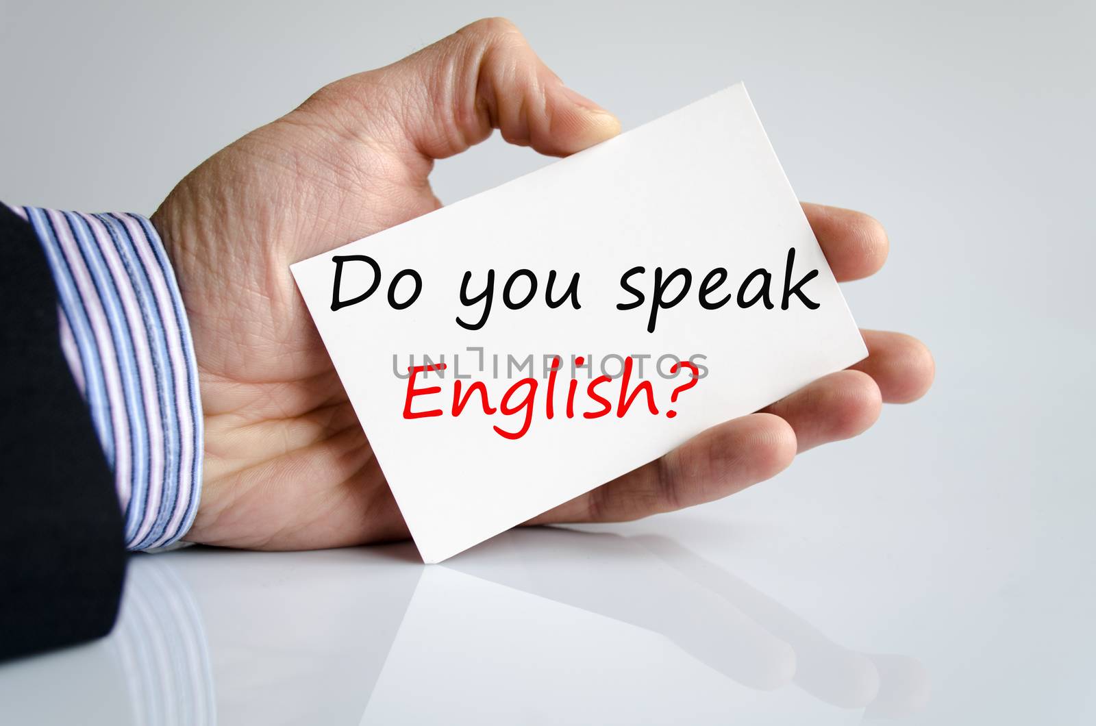 Bussines man hand with text Do You speak English??
