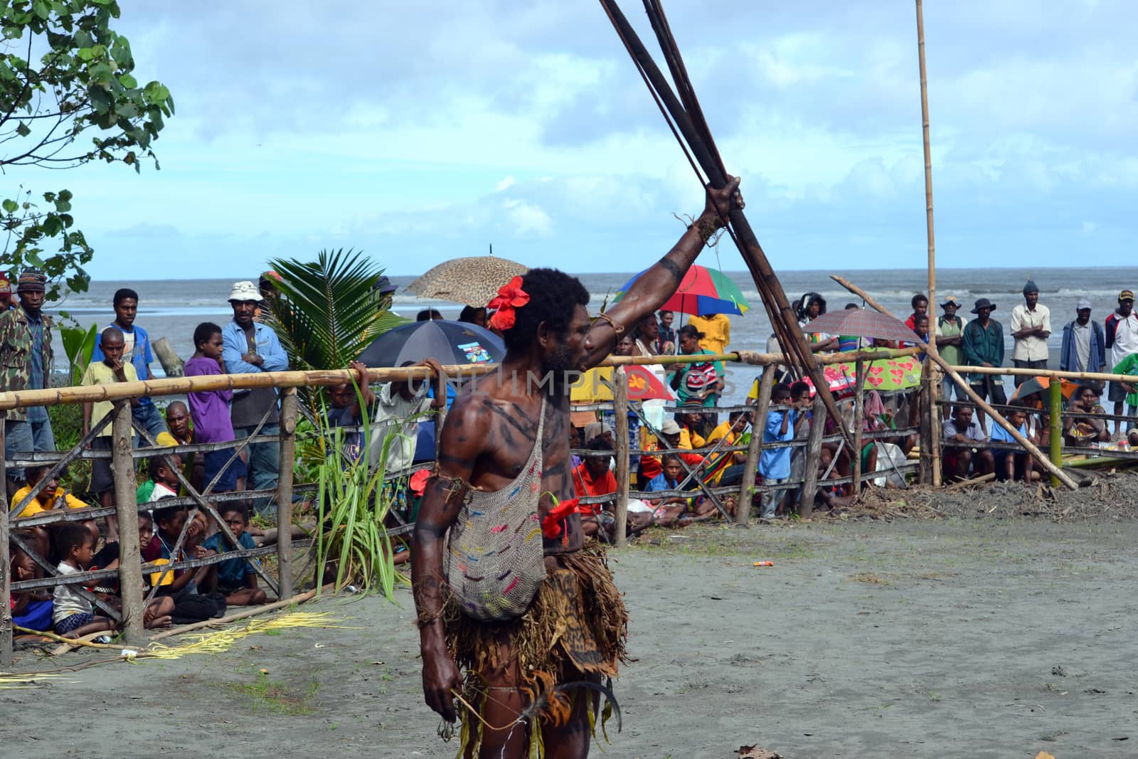 Traditional tribal dance at mask festival.
7th Gulf Mask Festival, Toare Village, Gulf Province, Papua New Guinea on June 19, 2011