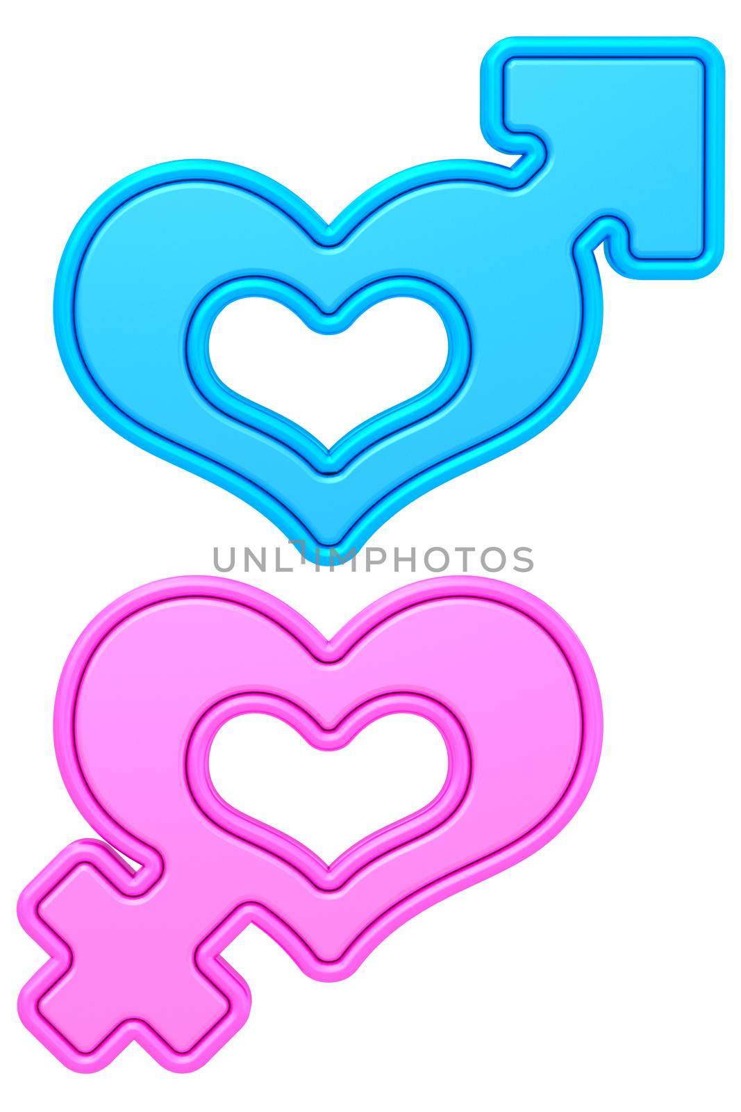 Heart shapes with male and female gender signs isolated on white by oneo