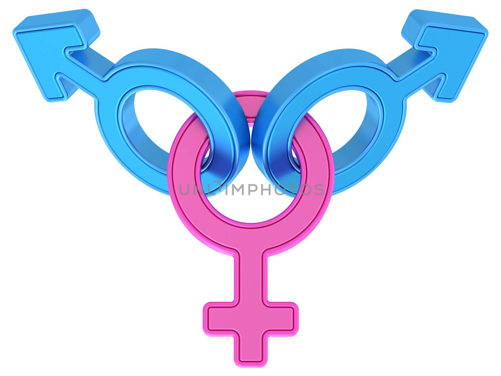 Female and two male gender symbols chained together on white background. High resolution 3D image