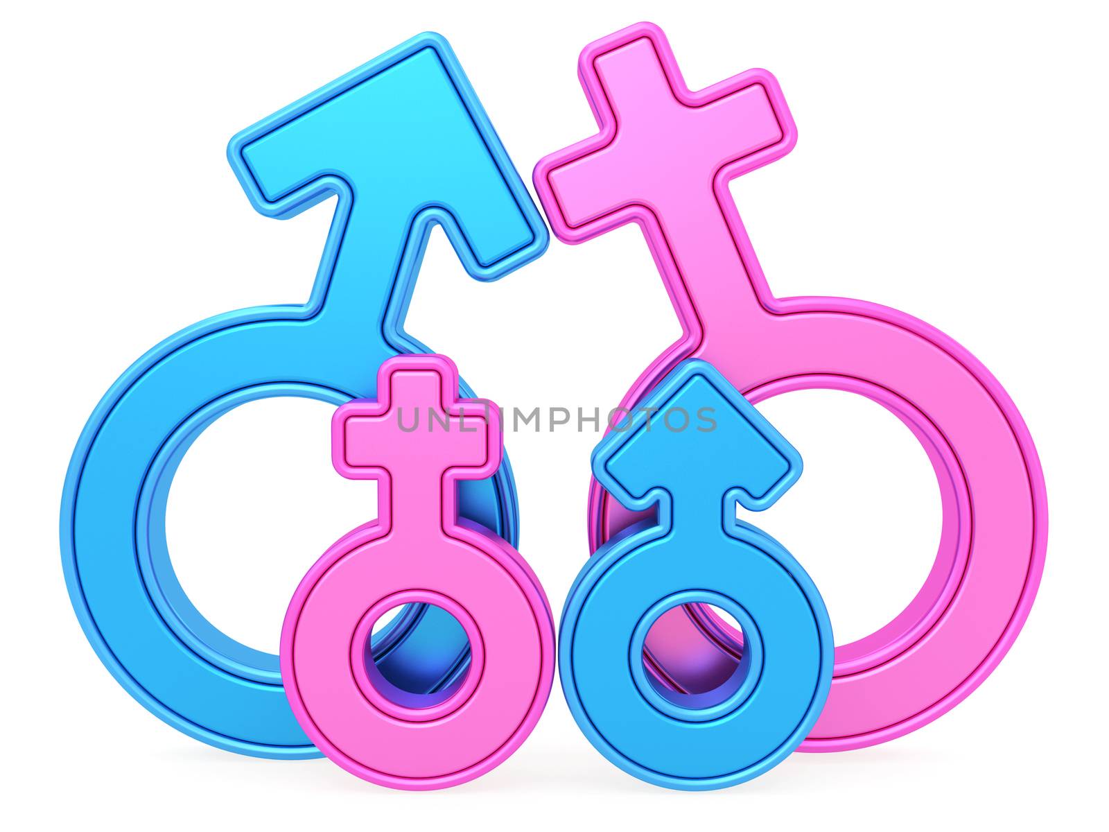 Parents with children of male and female gender signs. Family concept. High resolution 3D image