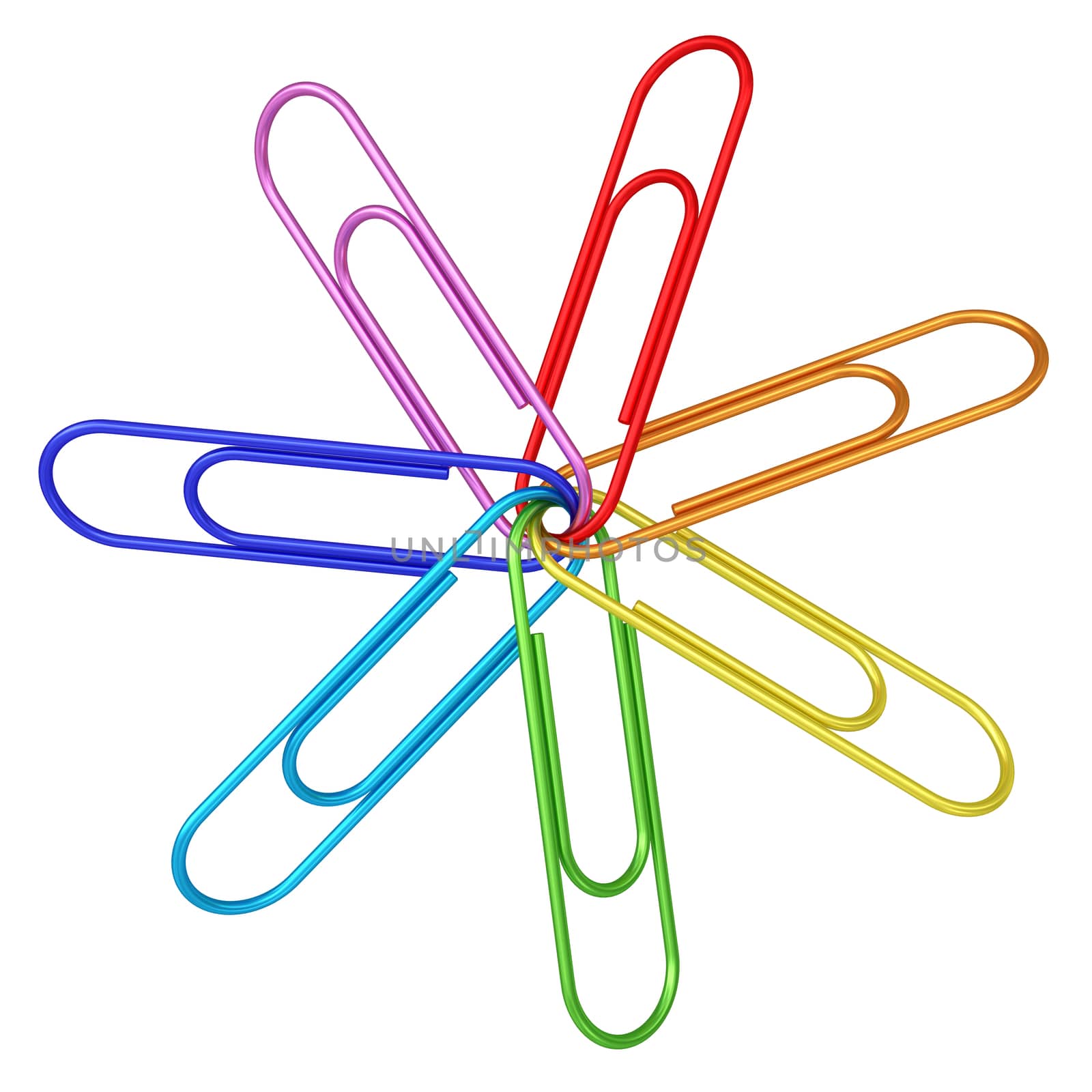 Colorful paper clips chained together on white background. High resolution 3D image