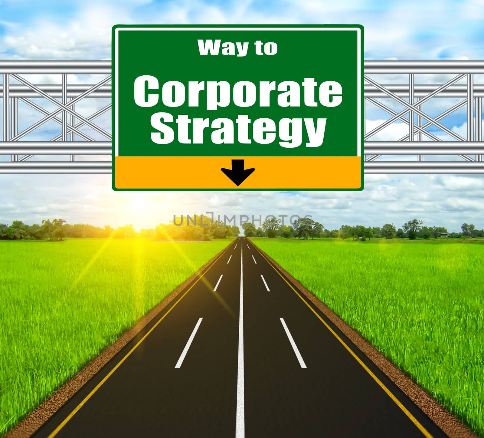 Green Road Sign concept Corporate strategy on soft natural landscape background.