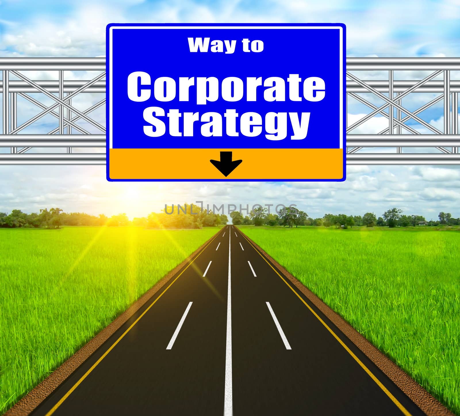 Blue Road Sign concept Corporate strategy on soft natural landscape background.