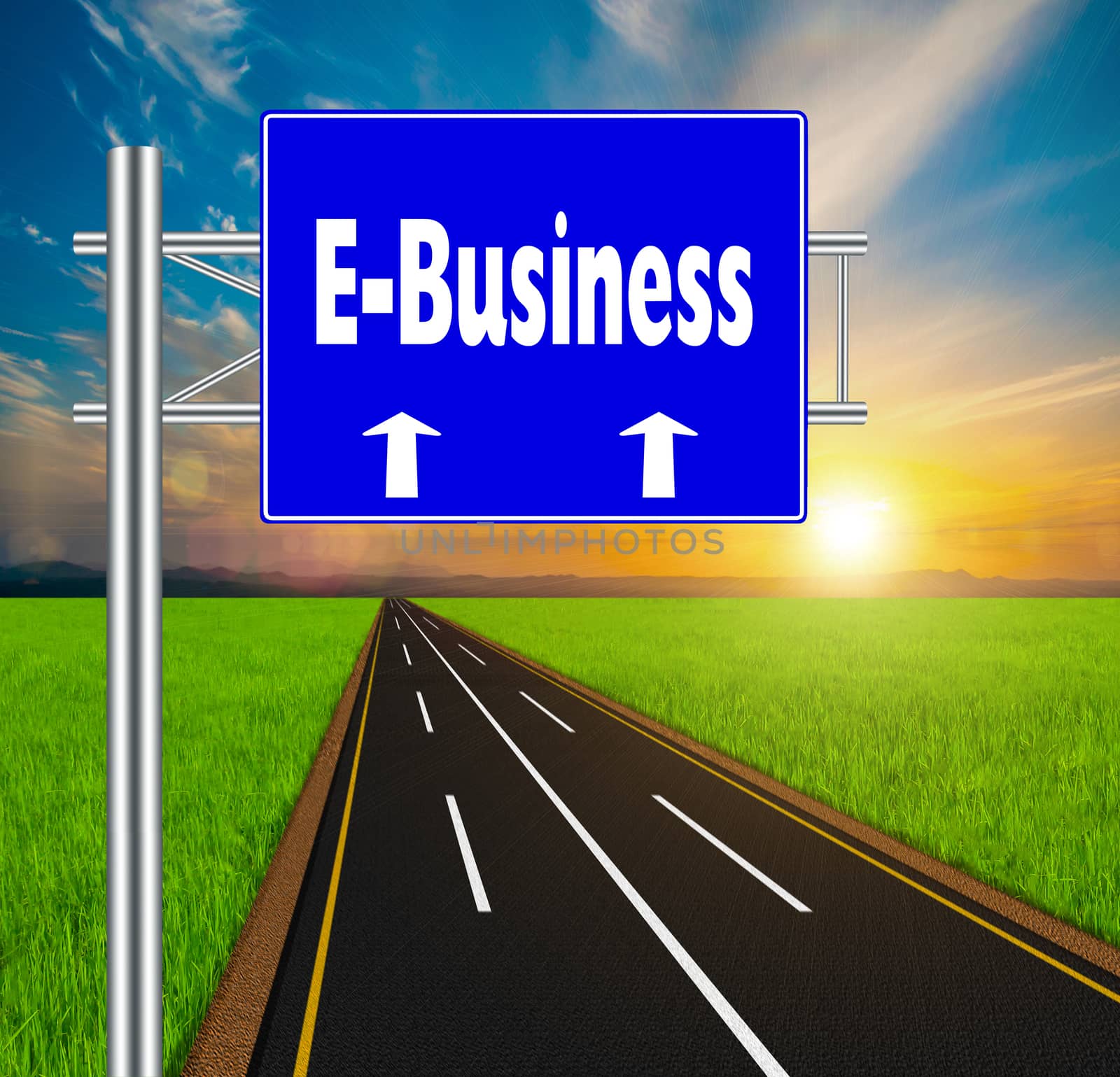 Blue Road Sign concept E-Business on soft natural landscape background.