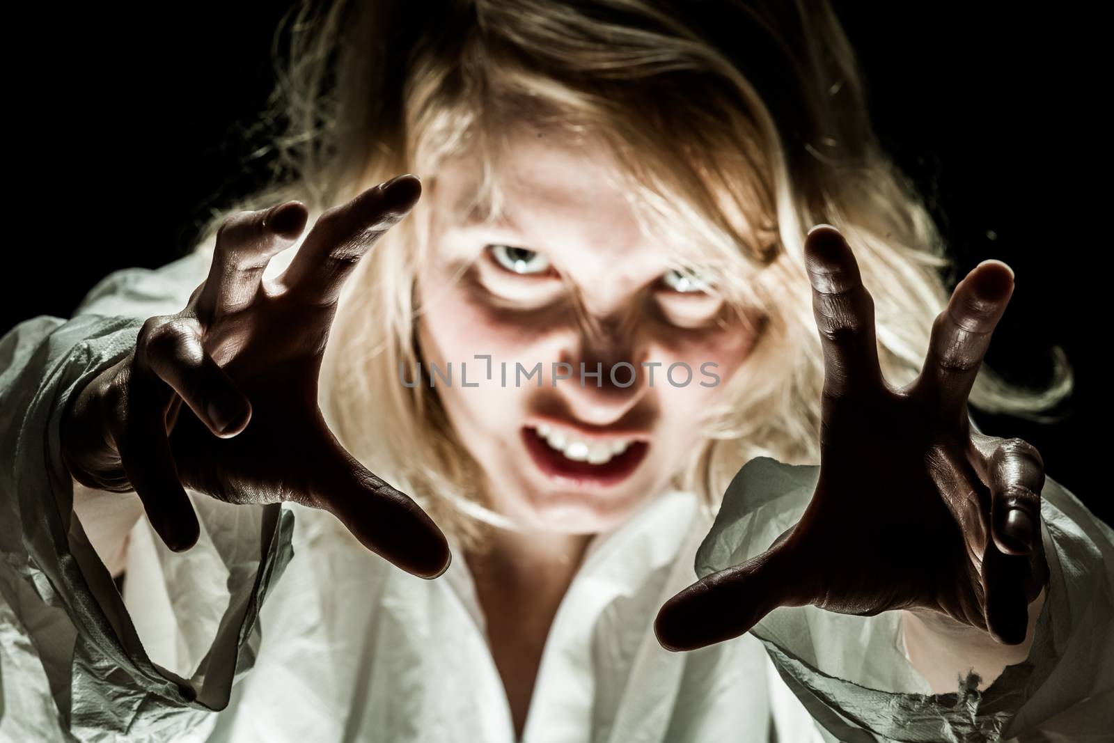 Crazy Woman acting like a Zombie - focus on hands