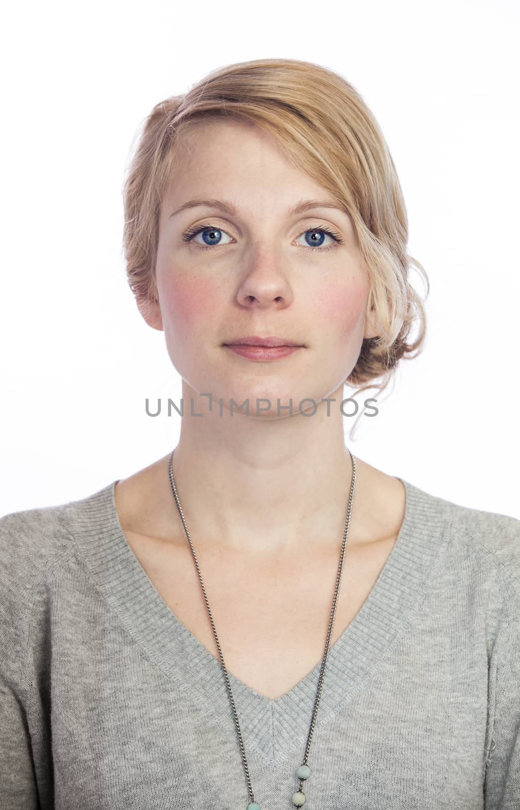 Mugshort of a Beautiful  Woman with no facial Expression Isolated on White