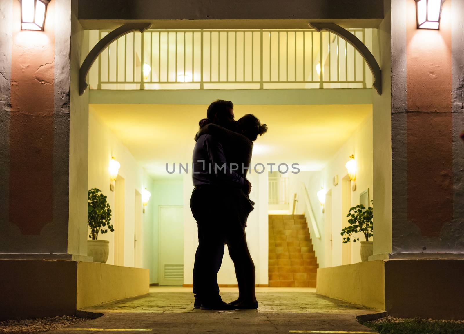 Couple in silhouette Kissing by aetb
