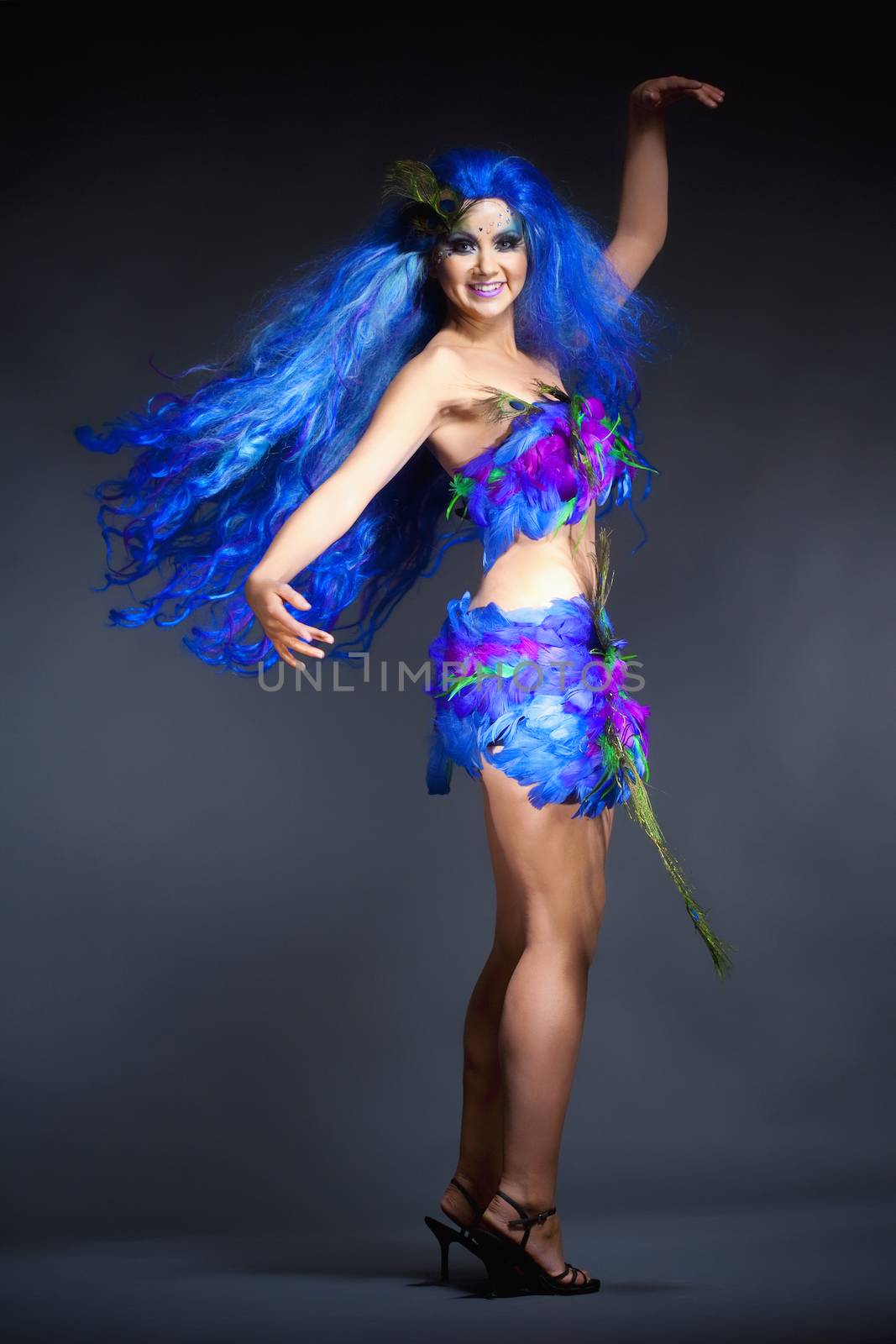 Portrait of a Woman in Blue Wig and Dress of Feathers by courtyardpix