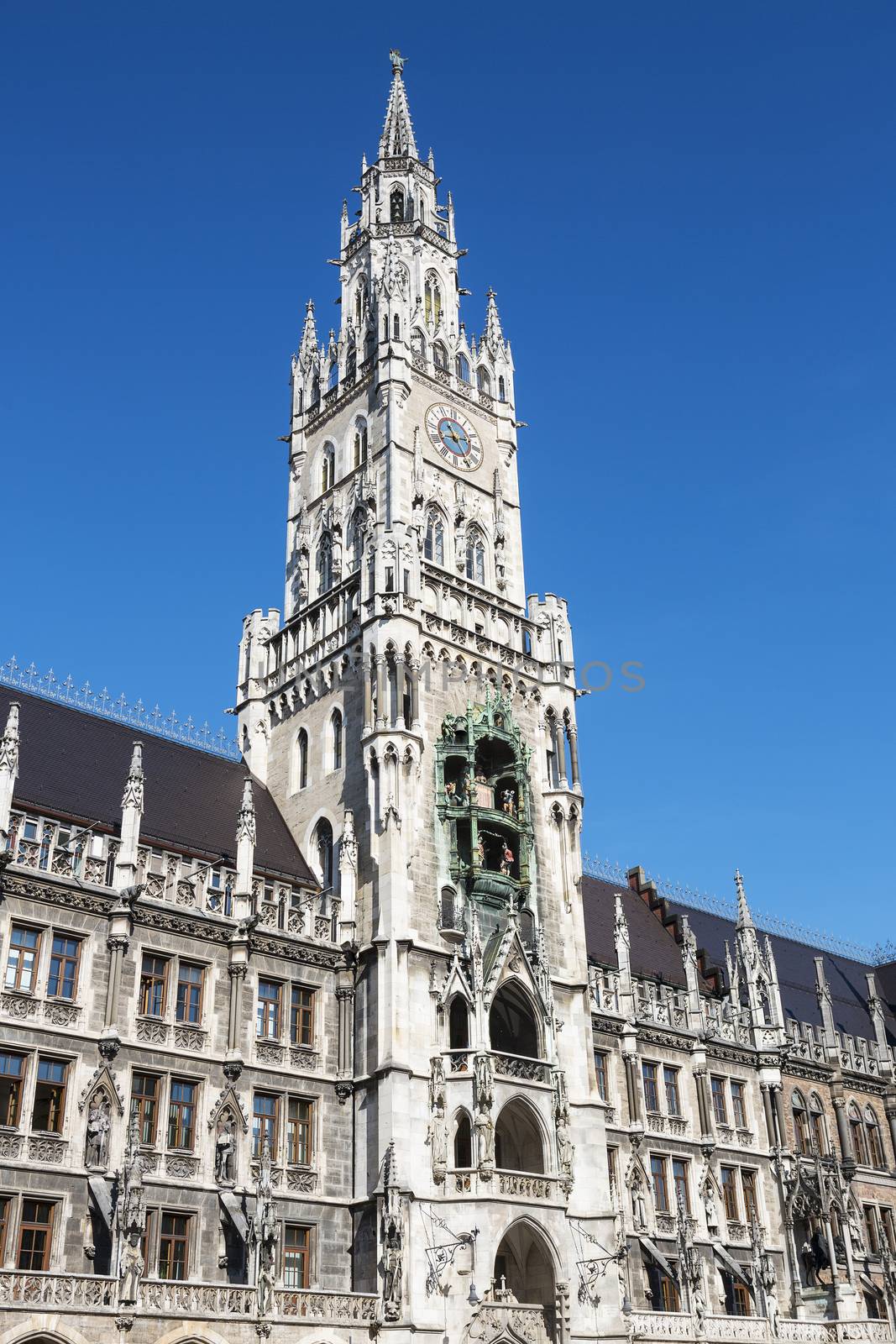Medieval Town Hall building with spires Munich Germany.