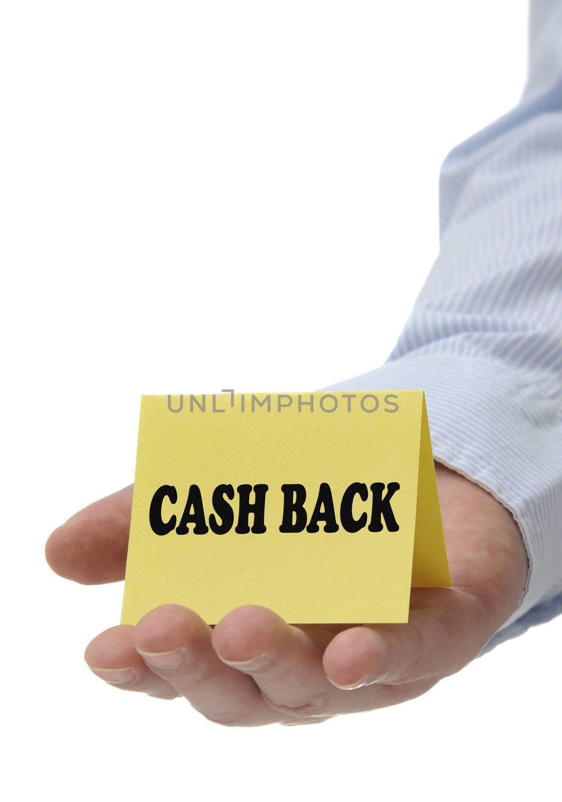 Business man holding yellow cash back sign on hand