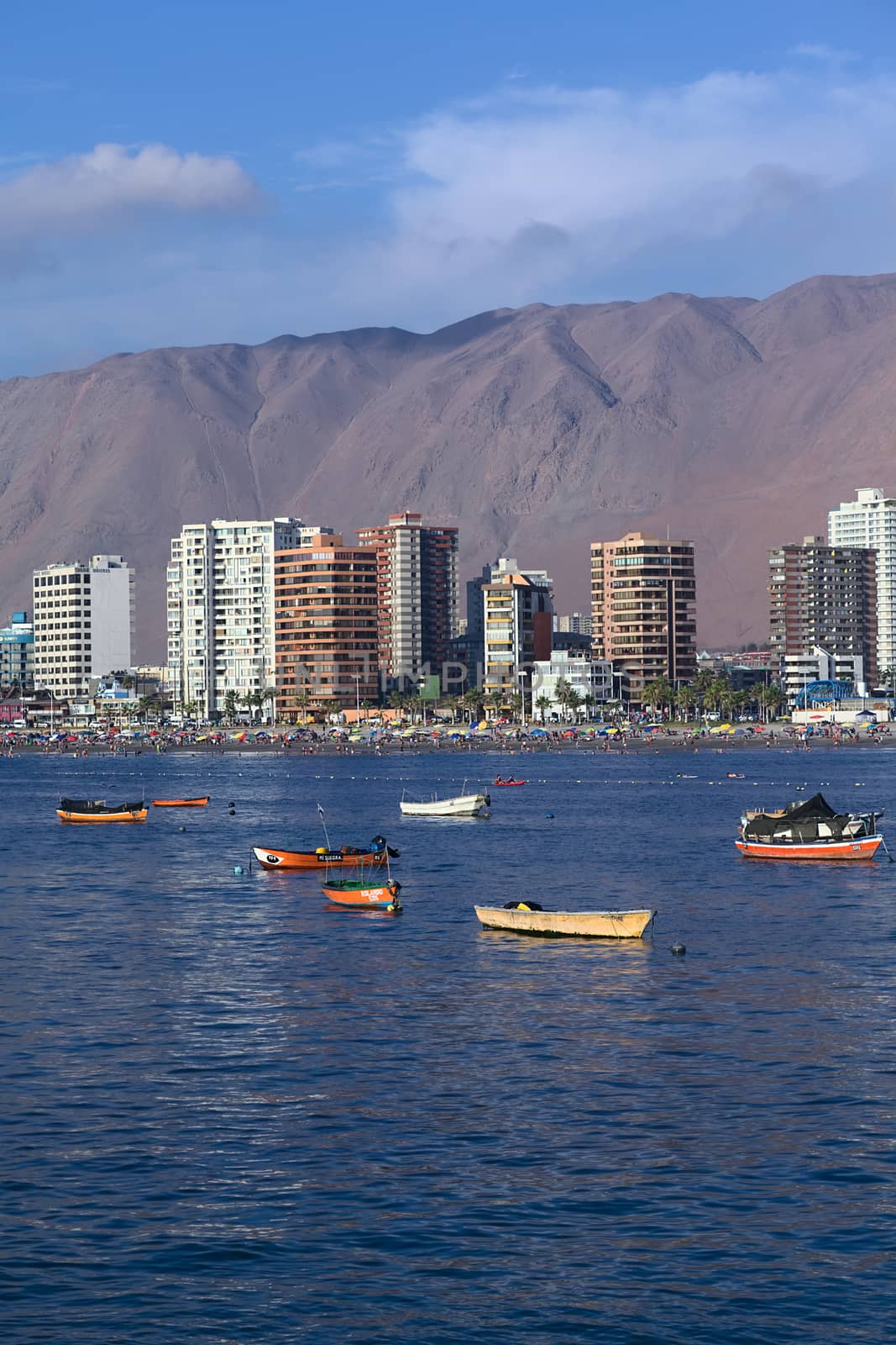 IQUIQUE, CHILE - JANUARY 23, 2015: View from the peninsula at the end of Cavancha beach over the fishing boats anchoring in the bay, Cavancha beach and the modern tall buildings along Arturo Prat Chacon Avenue on January 23, 2015 in Iquique, Chile. Iquique is a popular beach town and free port city in Northern Chile. 