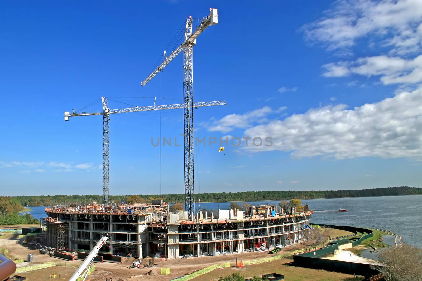 The construction of a building with 2 cranes