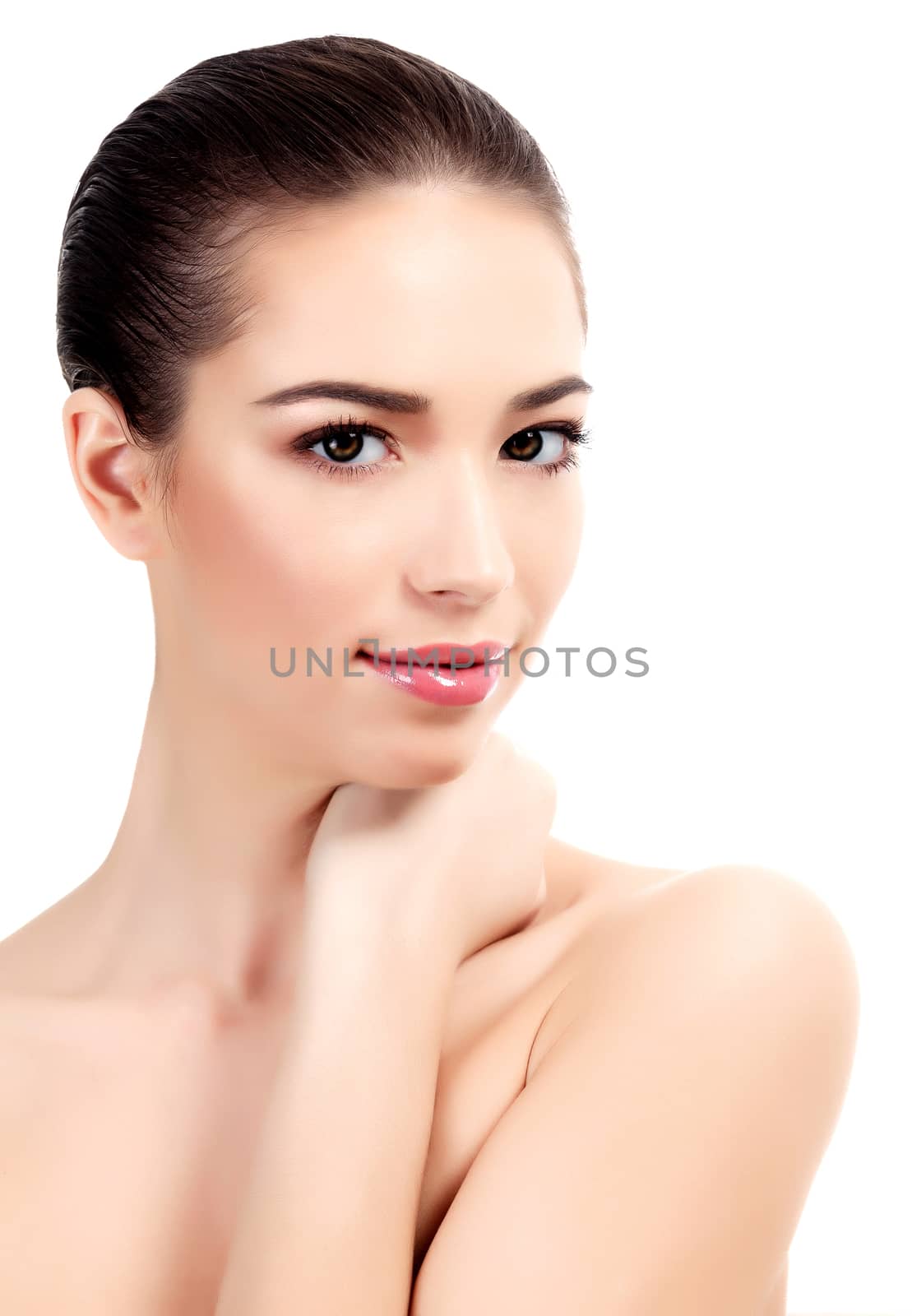 Beautiful girl with clean fresh skin, white background.