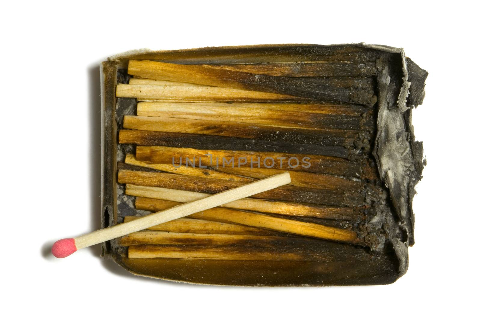 The burned down matches in a paper box. One match the whole. An isolated white background.