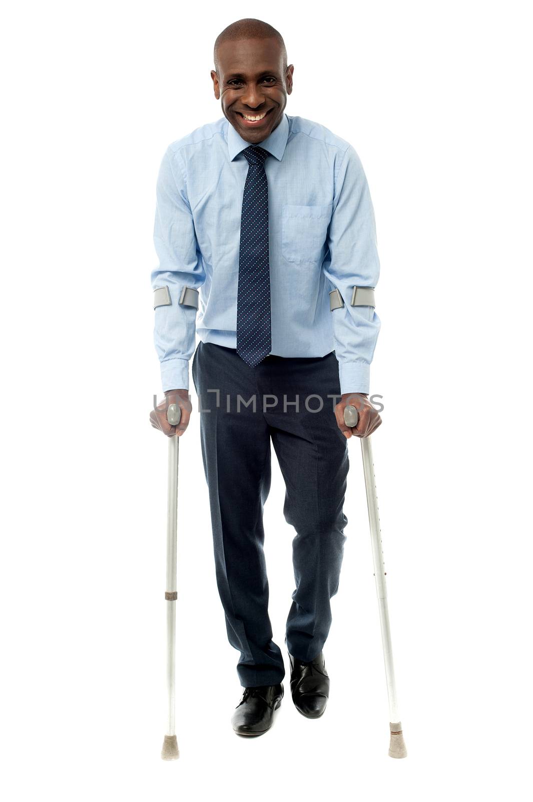 African businessman man walking with crutch