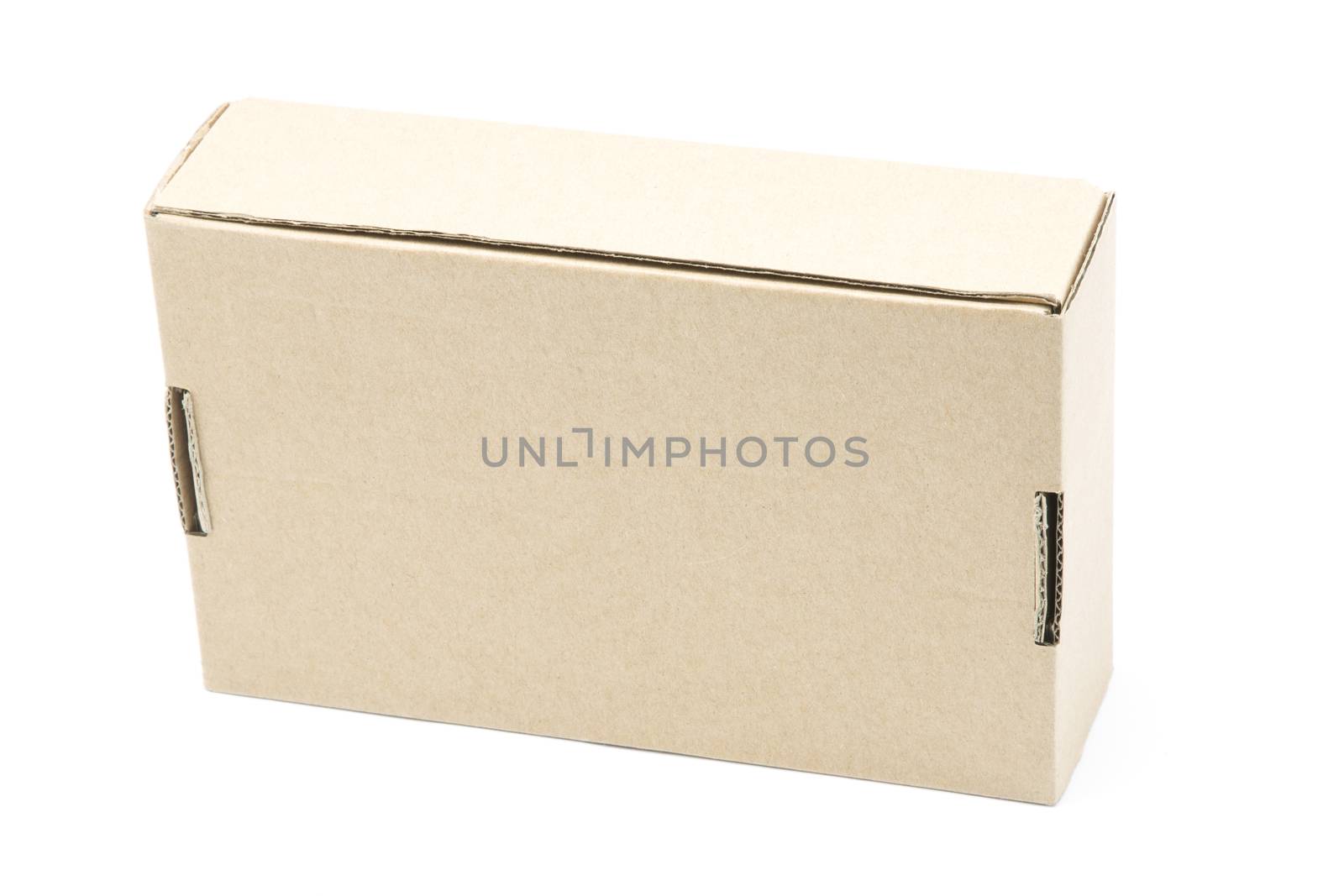 Recycle cardboard box package, side view, isolated on white background