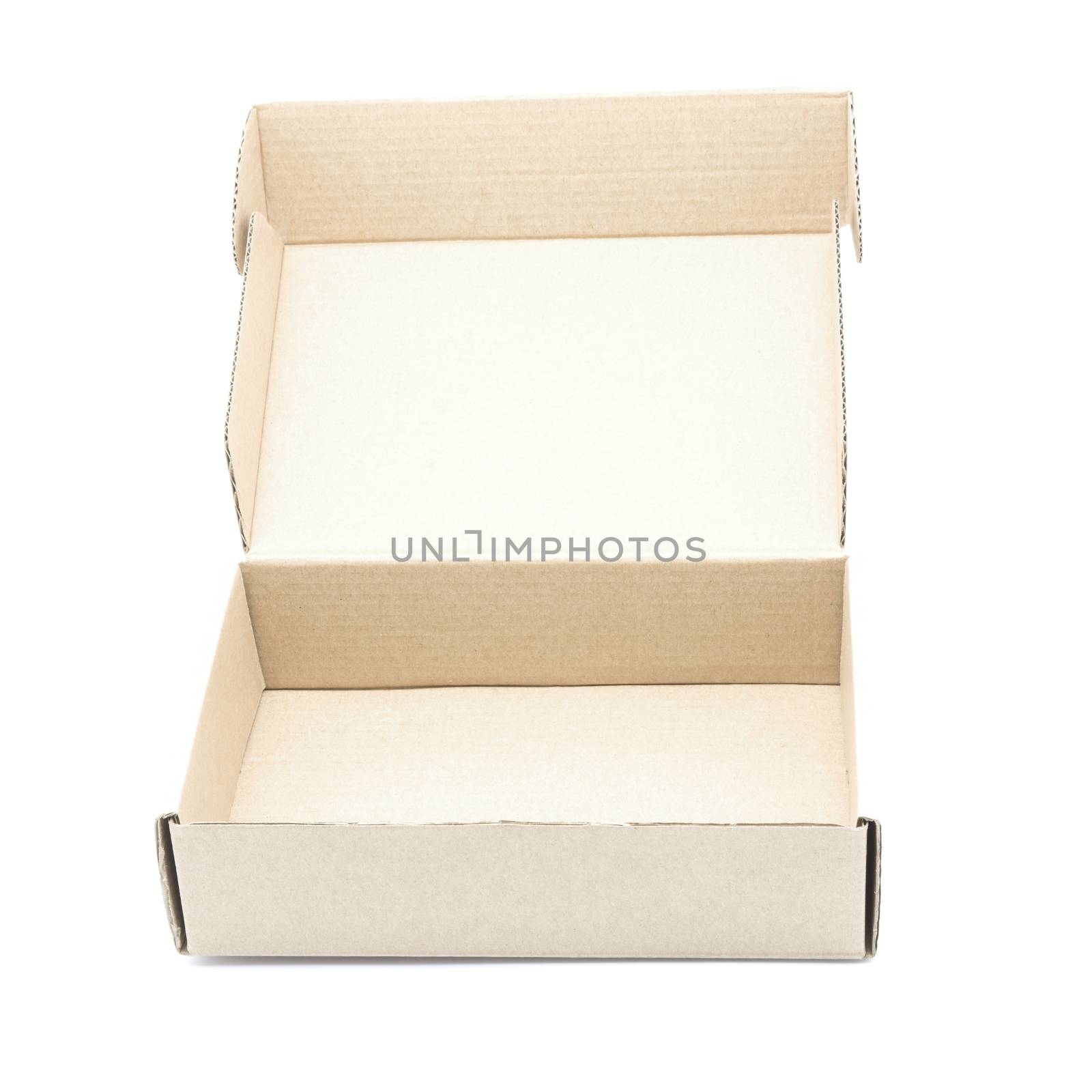 Recycle cardboard box package, open inside view, isolated on white background