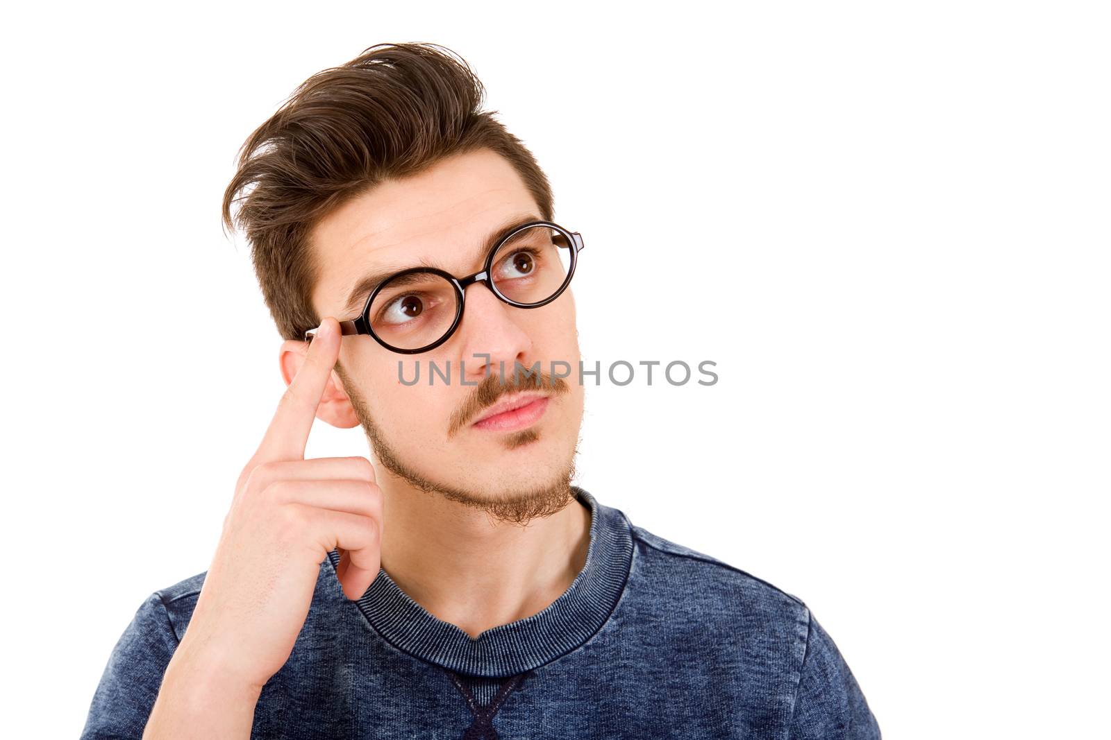 young casual man thinking, isolated on white