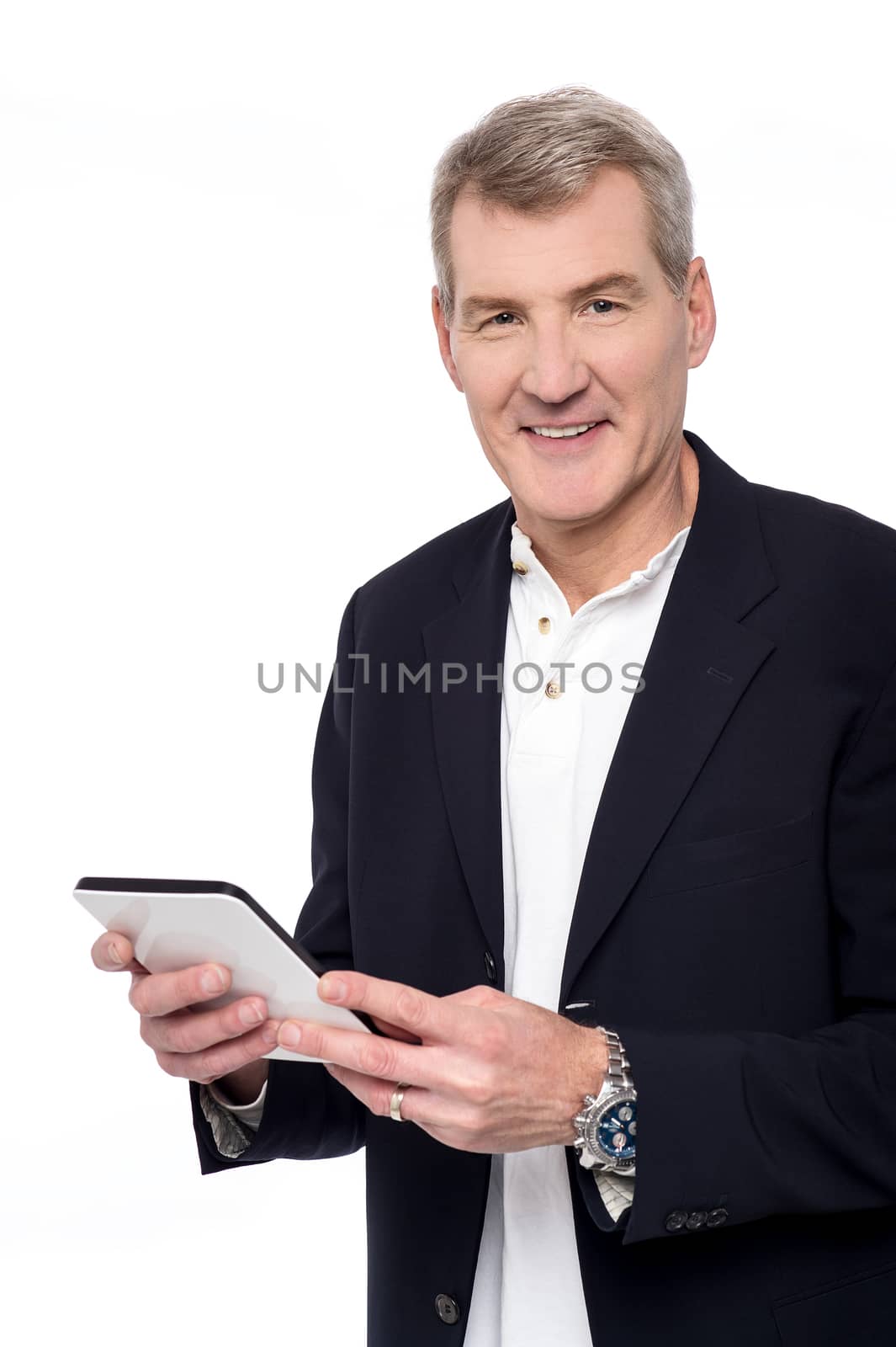 Middle aged man posing with his new tablet pc