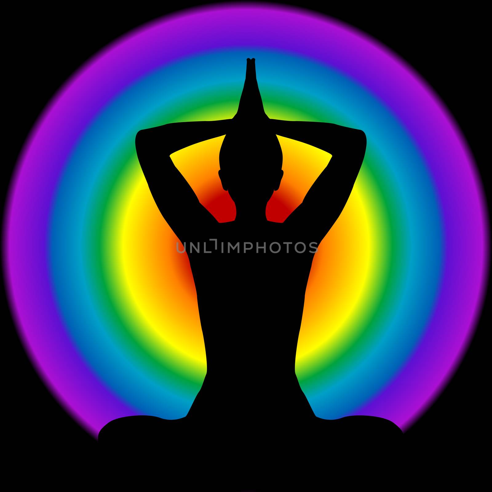 Human silhouette in yoga pose with aura and chakras colors on background