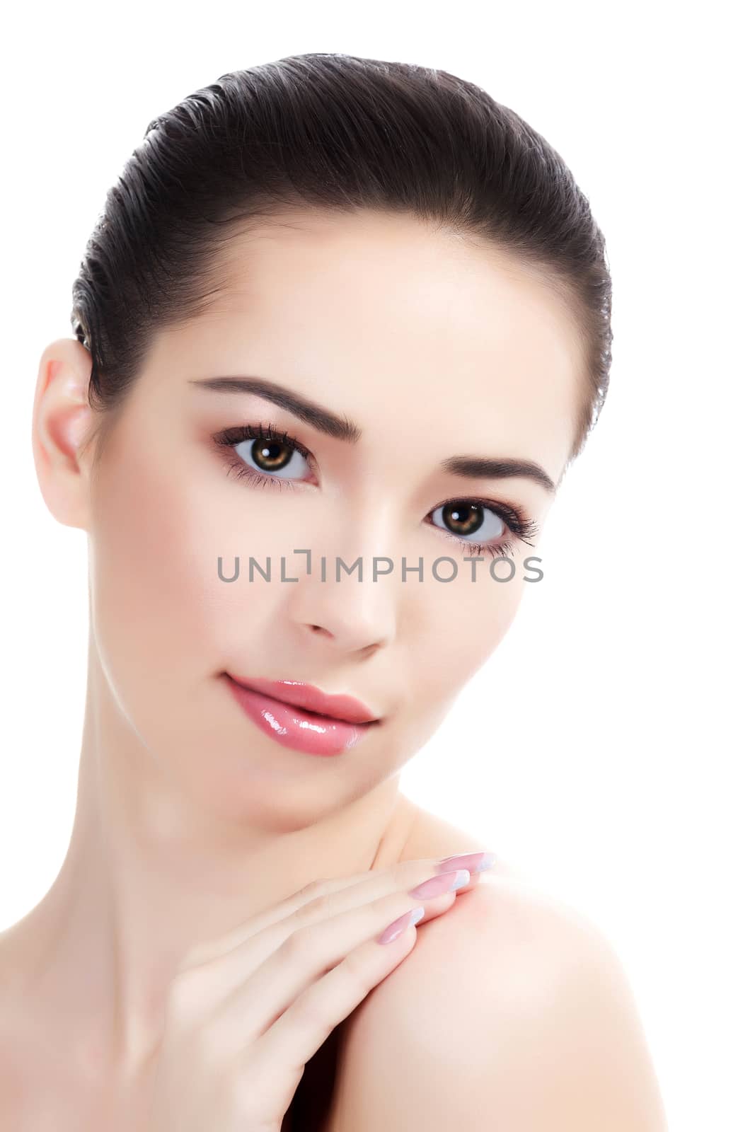 Beautiful girl with clean fresh skin, white background