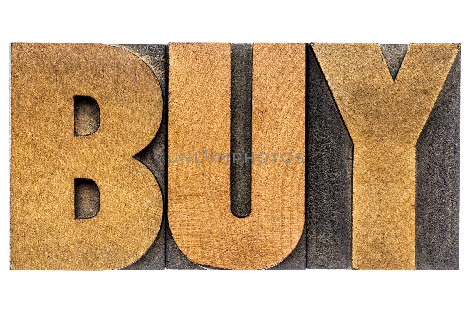 buy word - isolated text in letterpress wood type