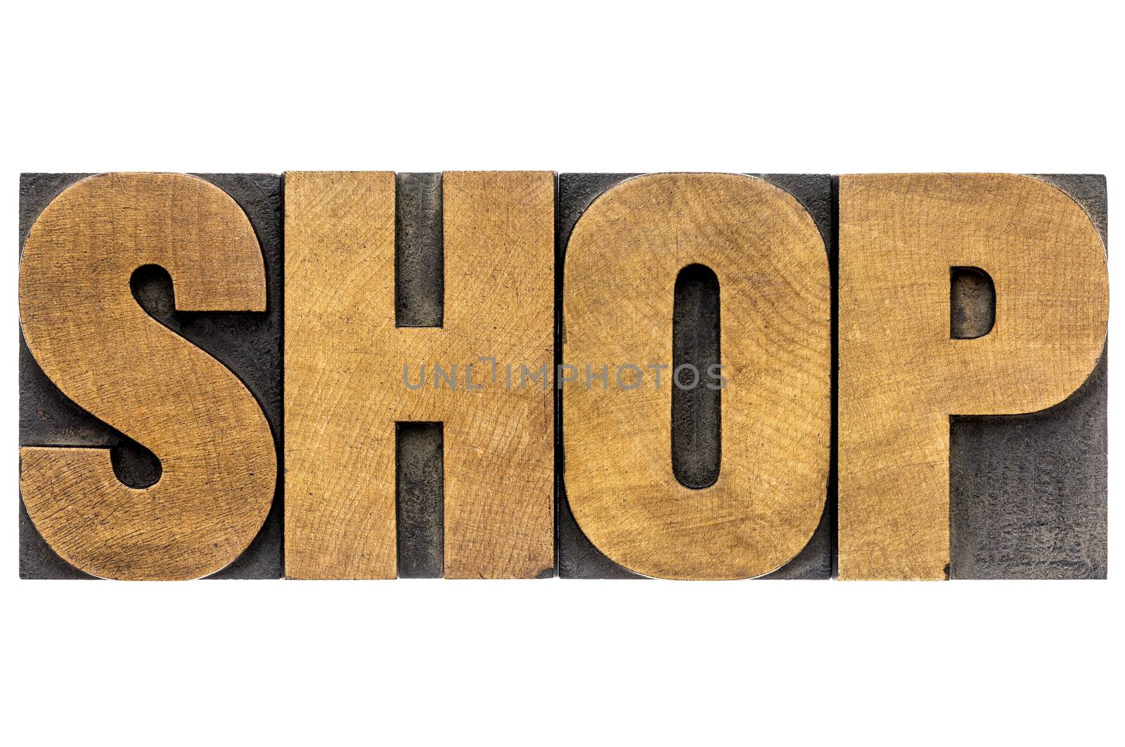 shop word - isolated text in letterpress wood type