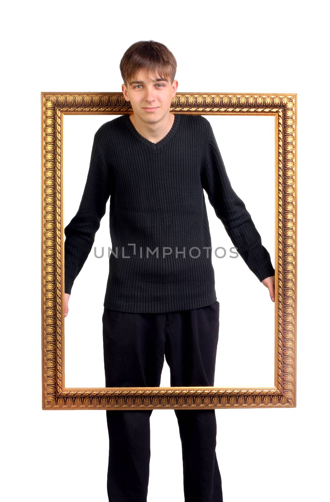 Teenager in the Wooden Frame Isolated on the White Background