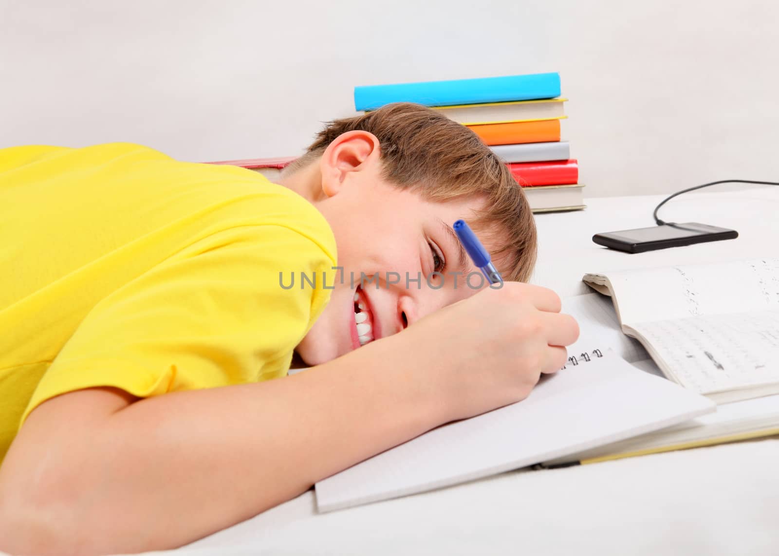 Cheerful Kid doing Homework on the Sofa at the Home