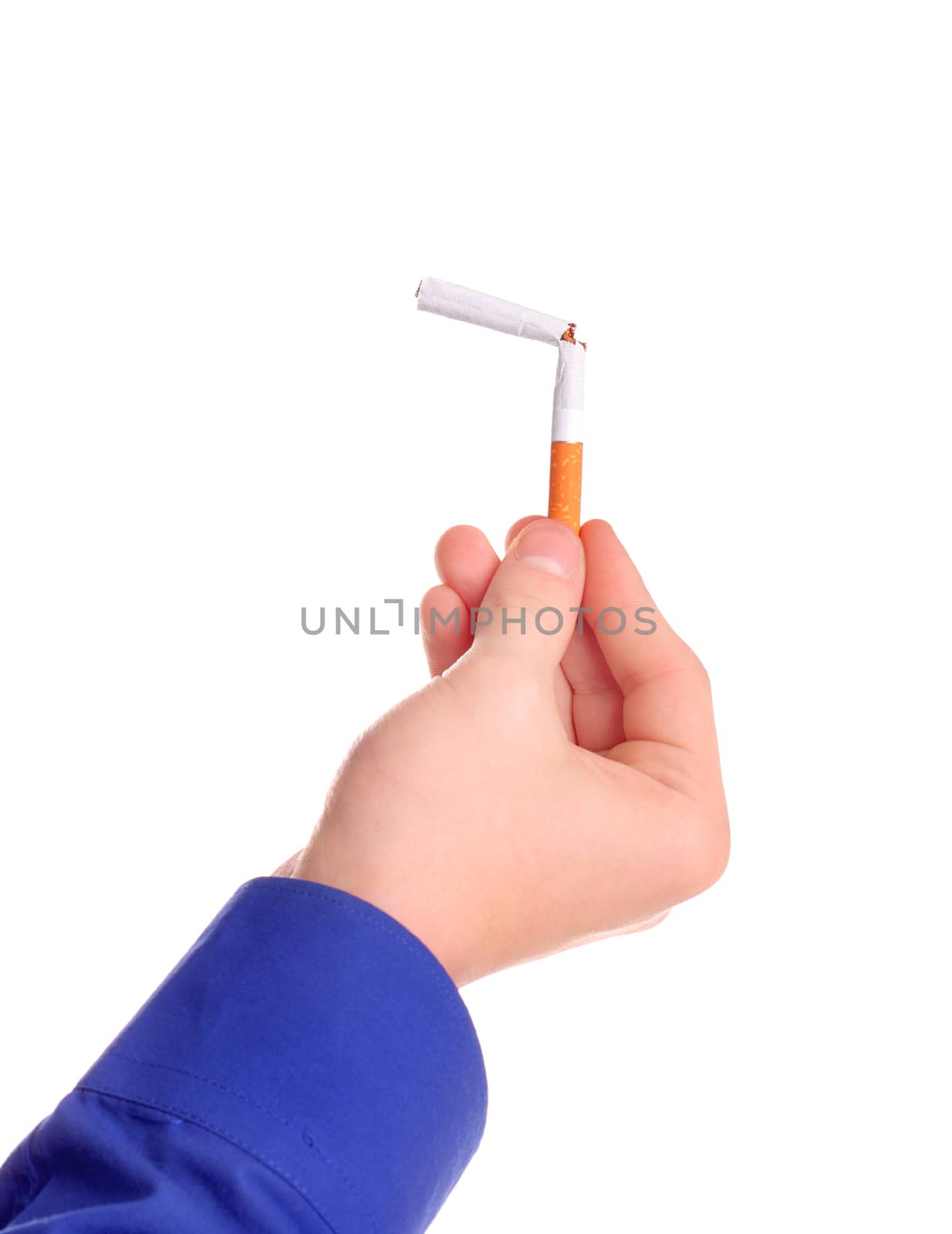 Person hold a Broken Cigarette closeup Isolated on the white background