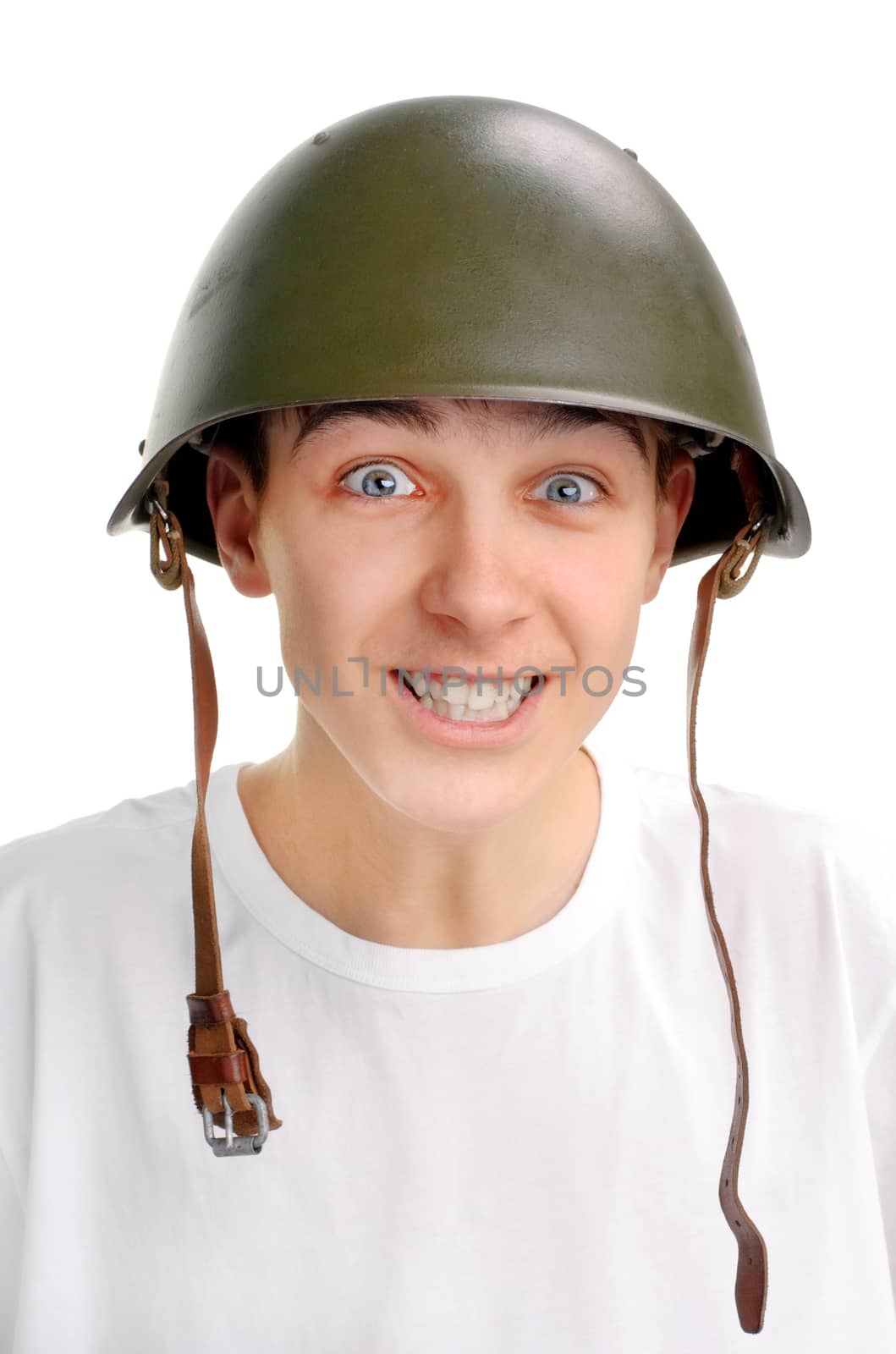 Cheerful Teenager in Military Helmet Isolated on the White Background