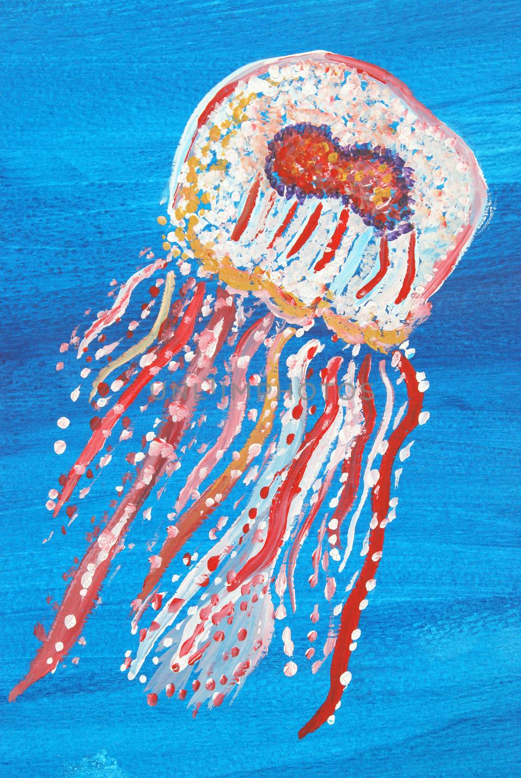 A vibrant painting of a jellyfish swimming under water.