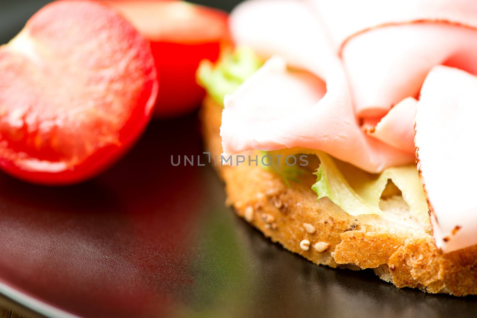 Sandwich turkey tomato salad leaf on plate by Nanisimova