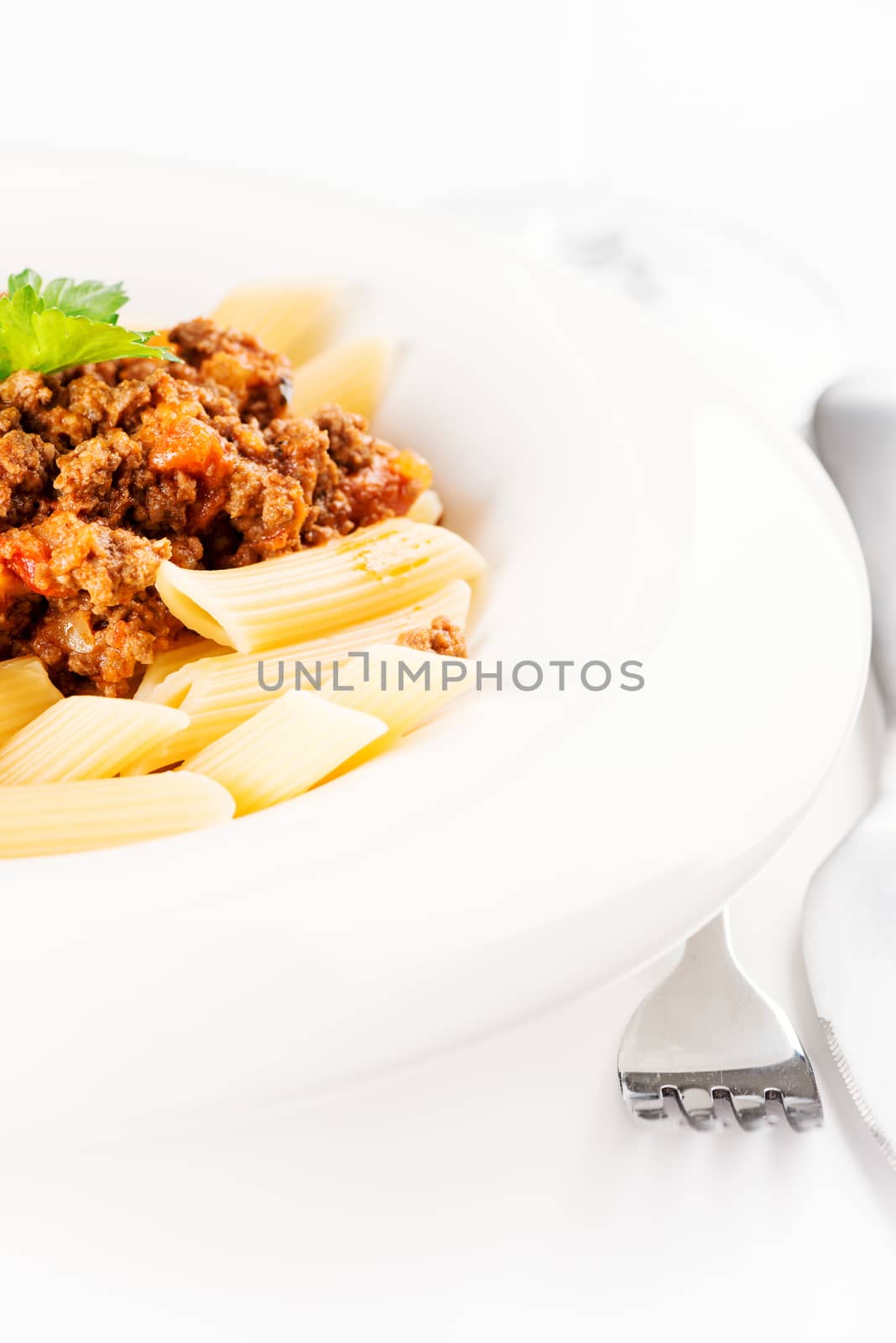 Penne Pasta with Bolognese Sauce copy space by Nanisimova
