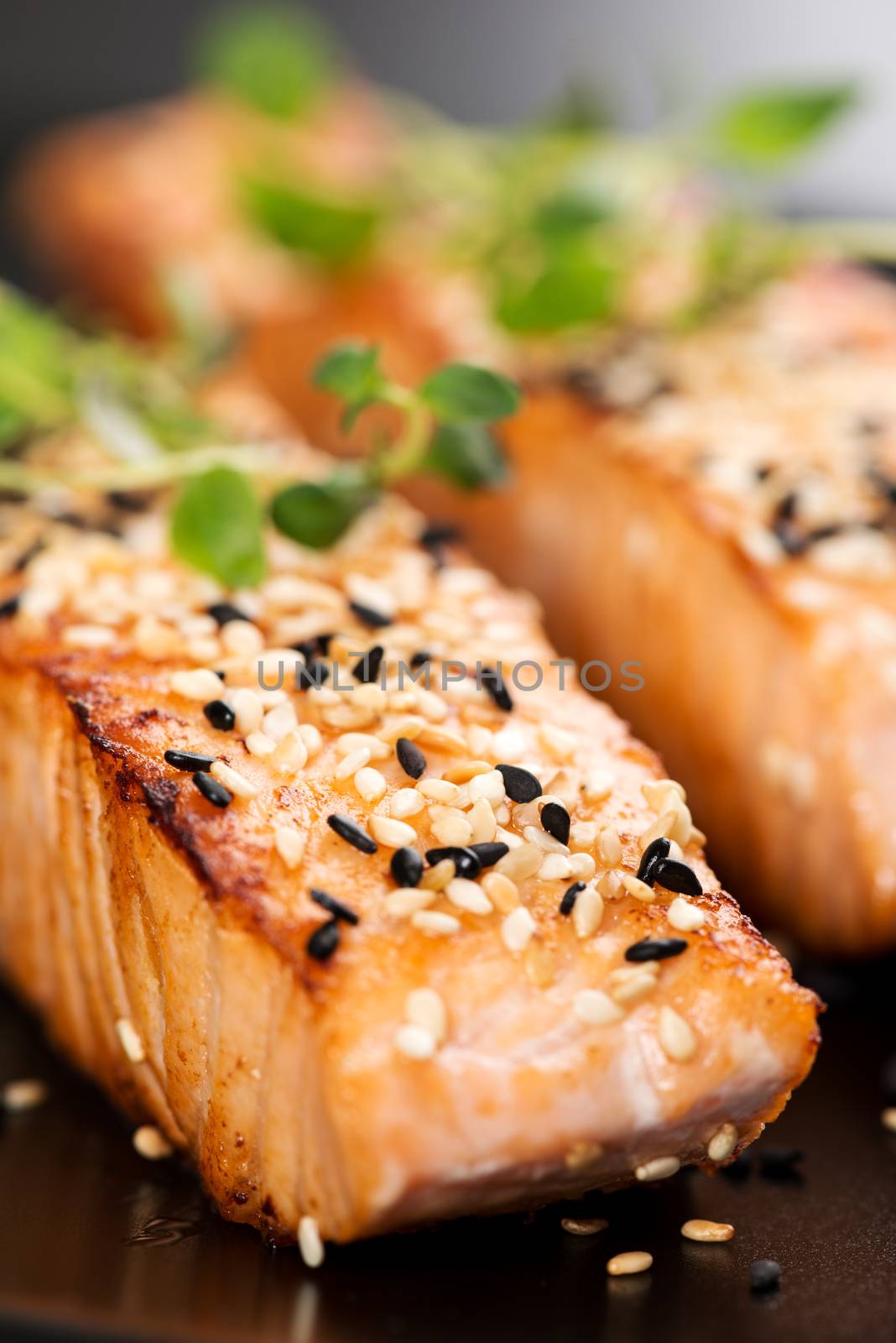 Grilled salmon, sesame seeds  and marjoram on a black plate. Studio shot