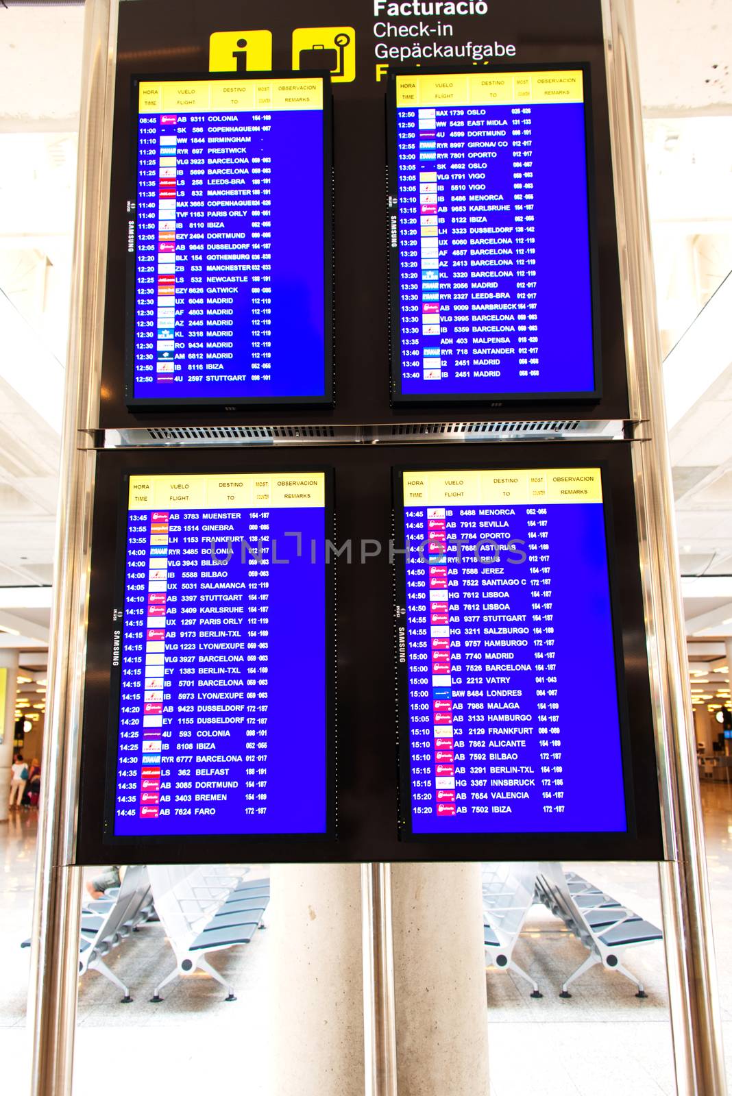 PALMA DE MALLORCA, SPAIN - JULY 18: Information panels at Palma de Mallorca Airport at Mallorca Spain on July 18, 2012 is the third largest airport in Spain, after Madrid's Barajas Airport and Barcelona Airport