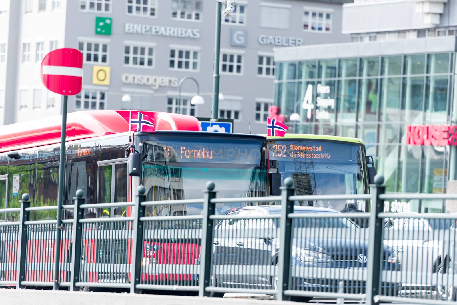 Norwegian Constitution Day buses with flags by Nanisimova