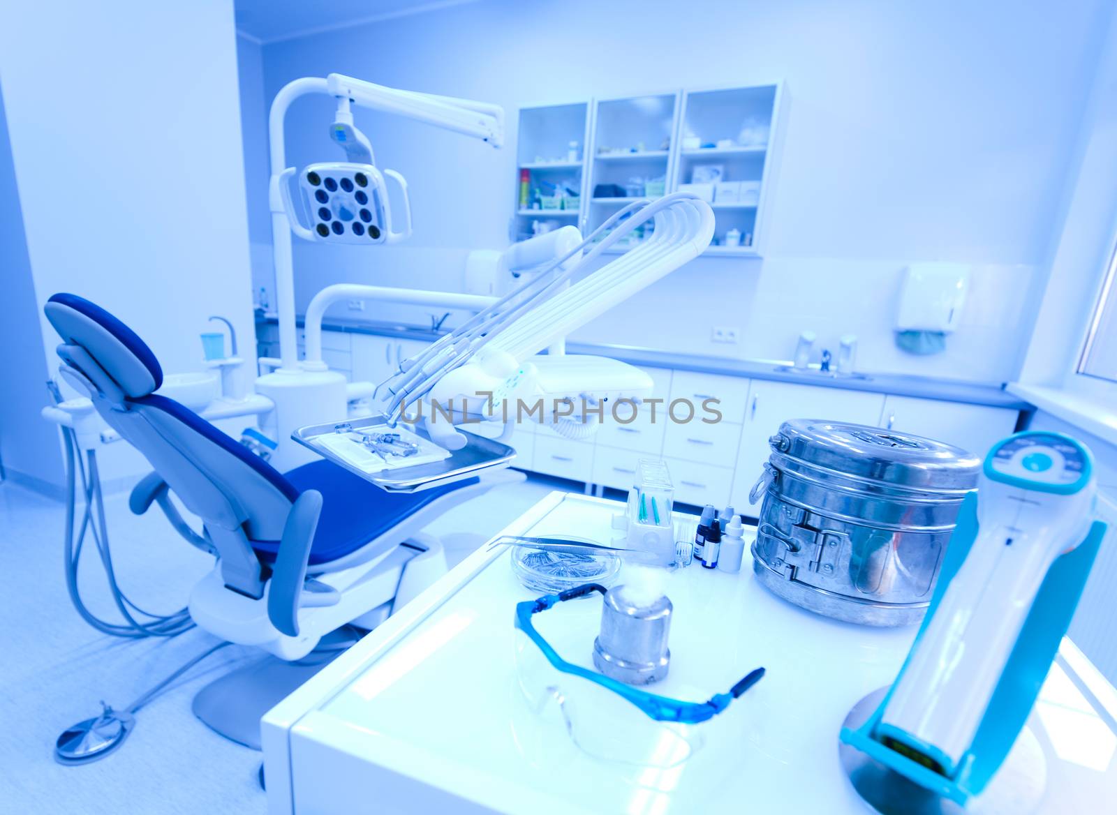 Dental office, equipment, bright colorful tone concept