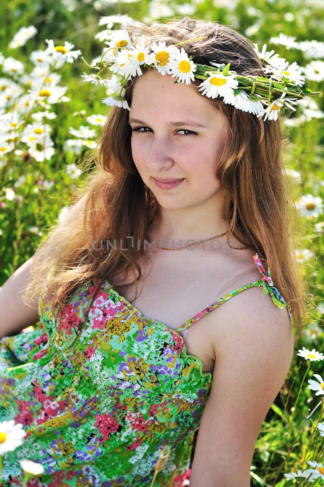 romantic teen girl on the daisy meadow