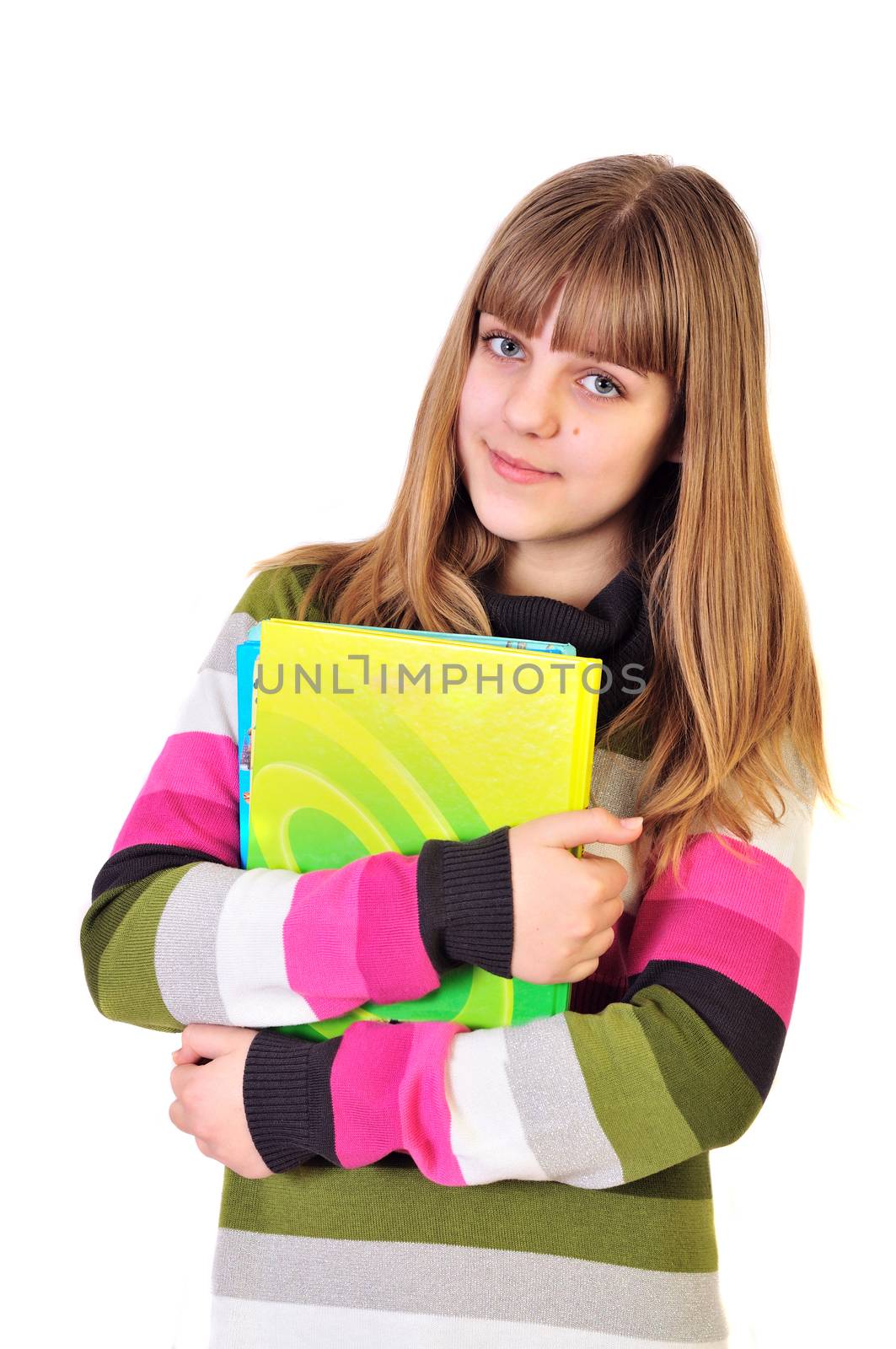 teen school girl holding books over the white