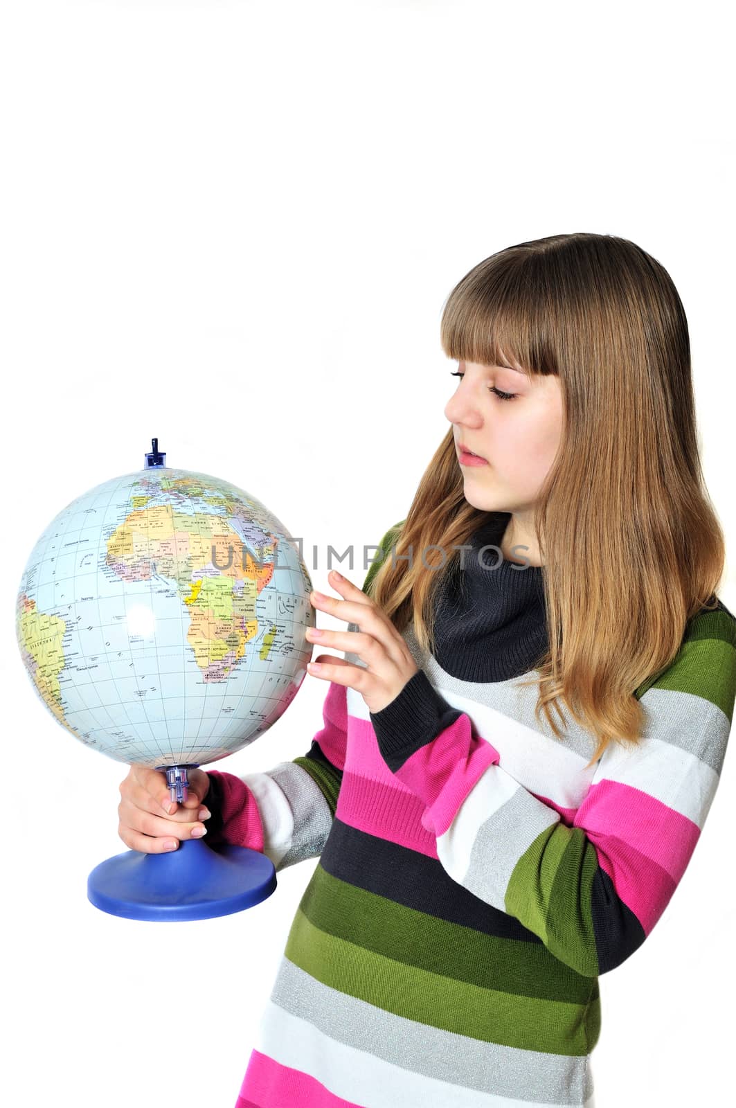 teen girl holding globe of the world 