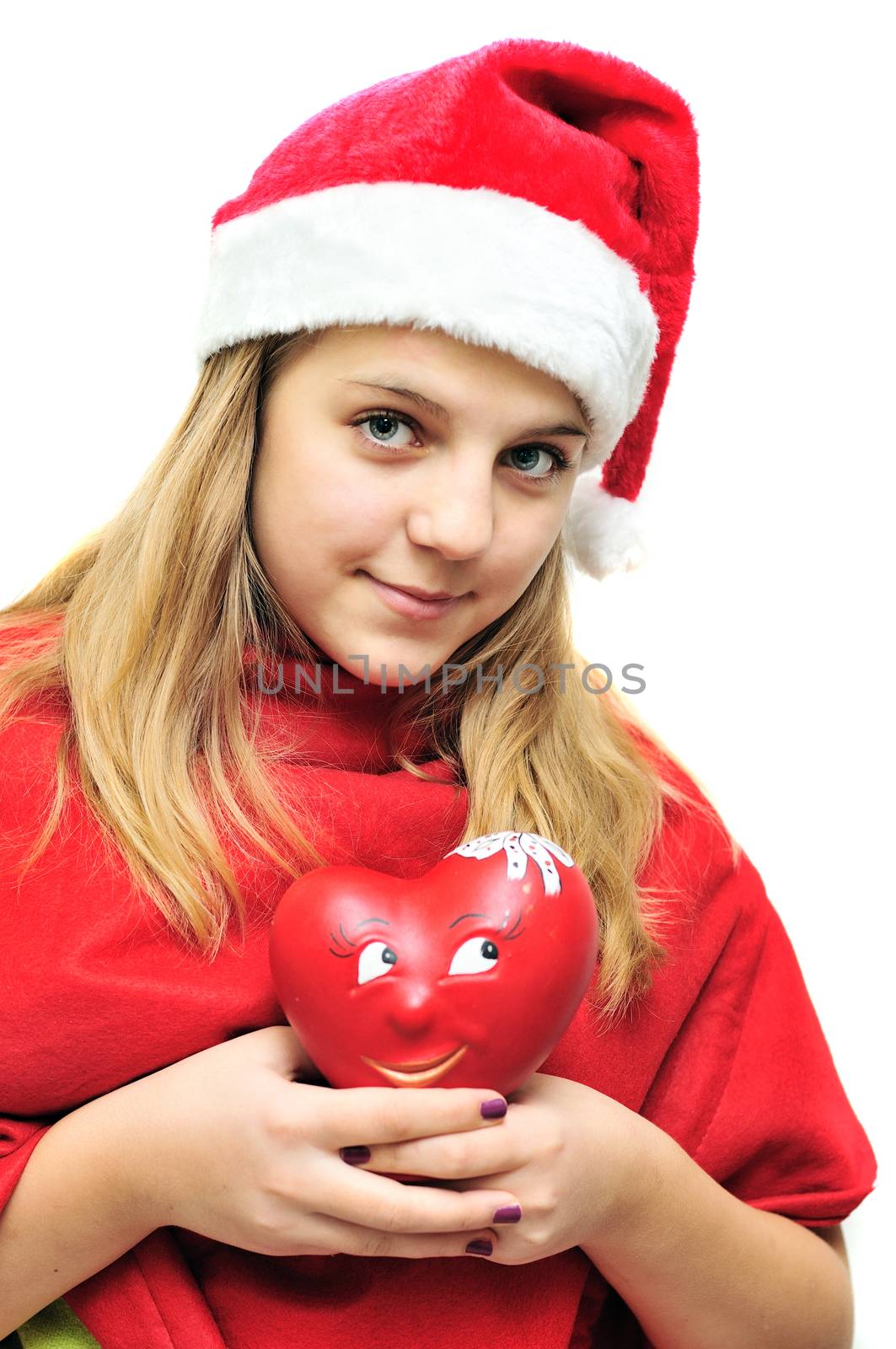 teen Santa girl with little gift over white 