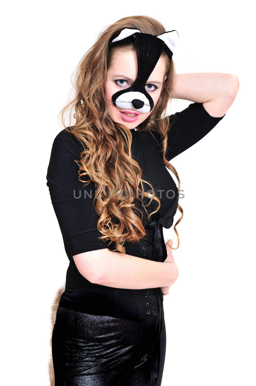 sensual cat girl with curly hair ready for Helloween