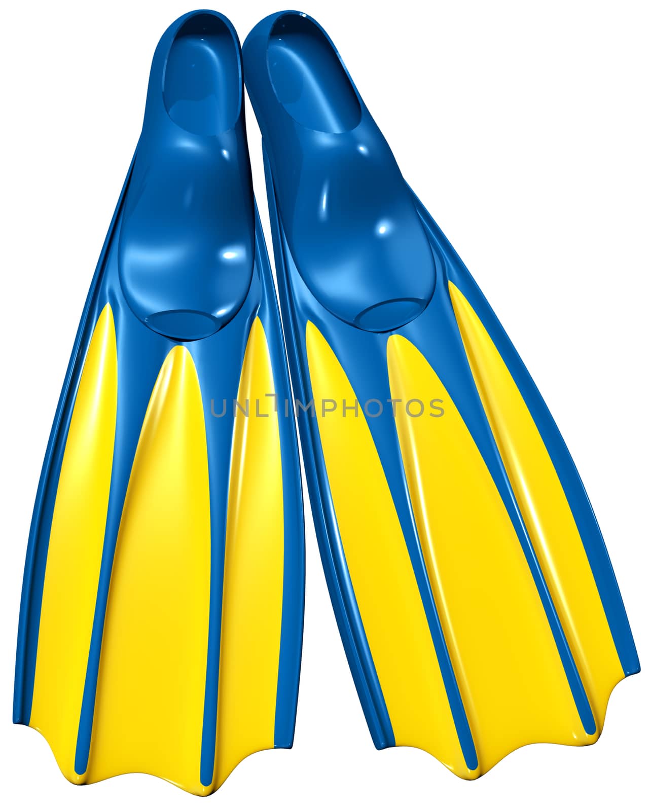 a pair of swim fins or flippers with blue rubber and yellow plastic for deep-sea diving and relaxing on the sea, on a white background