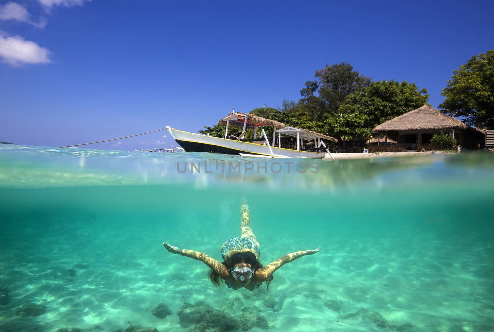 Collage with Woman Diving to Underwater and Sail Boat on Water Surface