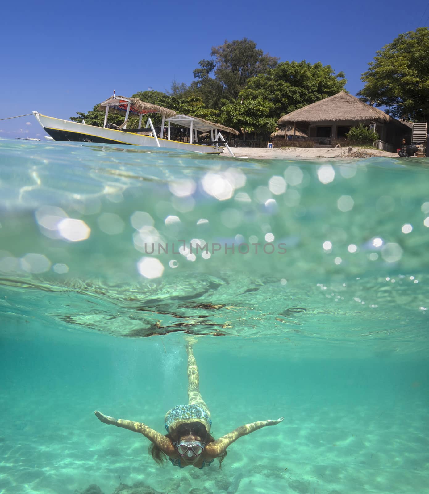 Collage with Woman Diving to Underwater and Sail Boat on Water Surface